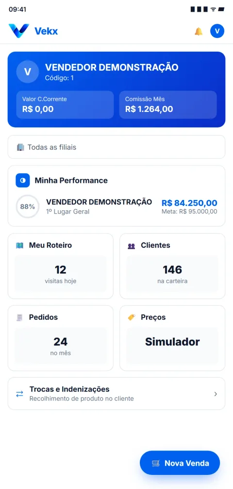 Tela inicial do app Vekx no Android: comissao, roteiro do dia, clientes e pedidos